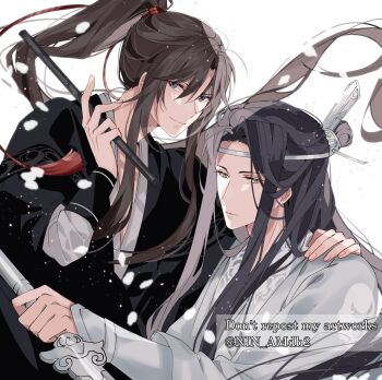 Rule 34 | 2boys, bichen sword, bishounen, black hair, black hanfu, brown hair, chenqing flute, chinese clothes, closed mouth, couple, dizi, falling petals, floating hair, flute, grey eyes, hair ornament, hair ribbon, hand on another&#039;s shoulder, hanfu, headband, high ponytail, highres, holding, holding flute, holding instrument, holding sword, holding weapon, hyottokoane, instrument, jian (weapon), lan wangji, light particles, long hair, long sleeves, looking at viewer, male focus, modao zushi, multiple boys, petals, ponytail, red ribbon, ribbon, robe, sidelocks, simple background, smile, sword, tassel, tassel hair ornament, topknot, transverse flute, twitter username, upper body, watermark, weapon, wei wuxian, white background, white hanfu, white headband, white petals, wide sleeves, xiao guan (headdress), yaoi, yellow eyes