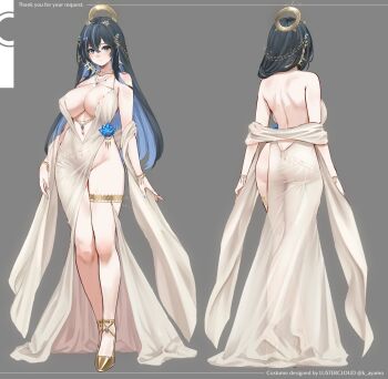 1girl ass ayamo_kaoru backless_dress backless_outfit black_hair blue_hair breasts butt_crack cleavage closed_mouth colored_inner_hair commission dress eyebrows_hidden_by_hair from_behind full_body gluteal_fold gold_shoes grey_background groin hair_between_eyes highres kneepits large_breasts long_hair looking_at_viewer multicolored_hair multiple_views original shoes white_dress