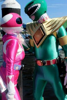 1boy 1girl breasts cosplay dragon_ranger hikounin_sentai_akibaranger kyoryu_sentai_zyuranger mighty_morphin_green_ranger mighty_morphin_pink_ranger mighty_morphin_power_rangers outdoors photo_(medium) power_rangers powerful_rangers ptera_ranger super_sentai united_states