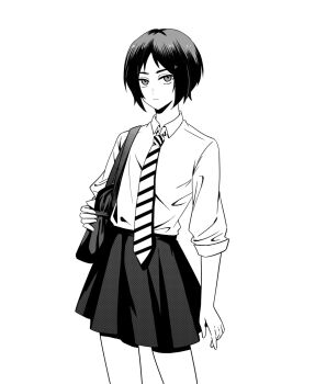 1boy bag commentary_request contrapposto crossdressing crossdressing_(mtf) diagonal-striped_clothes diagonal-striped_necktie eren_yeager frown greyscale highres male_focus miniskirt monochrome necktie school_bag school_uniform shingeki_no_kyojin short_hair skirt sleeves_rolled_up solo striped_clothes toubun_teikou