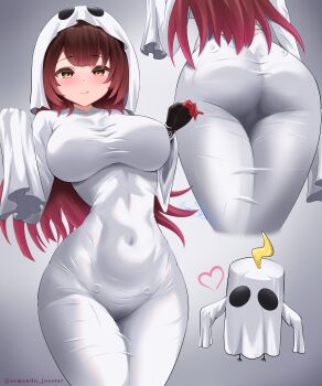 1girl absurdres armanditto ass black_gloves breasts brown_hair cleavage commentary covered_navel dress english_commentary ghost_costume gloves gradient_hair highres hololive large_breasts long_hair looking_at_viewer multicolored_hair navel red_hair roboco-san robosaa_(roboco) sleeves_past_fingers sleeves_past_wrists smile solo tongue tongue_out virtual_youtuber white_dress white_hood yellow_eyes
