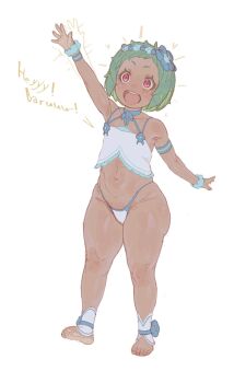 1girl crop_top dark-skinned_female dark_skin dress english_text flower full_body green_hair hair_flower hair_ornament kyojiri_loli light-skinned_palms light-skinned_soles loli navel open_mouth pink_eyes plank_(zfzt7835) re:zero_kara_hajimeru_isekai_seikatsu short_hair smile solo thick_thighs thighs thong typhon_(re:zero) unworn_dress waving white_background wide_hips