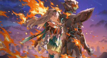 aqua_skirt aqua_thighhighs black_hairband blue_pupils bridal_gauntlets cropped_jacket firefly_(honkai:_star_rail) gradient_eyes gradient_hair green_pupils green_thighhighs grey_hair hair_between_eyes hair_intakes hairband helen_(helenwork015) highres honkai:_star_rail honkai_(series) multicolored_eyes multicolored_hair neckerchief orange_neckerchief sam_(honkai:_star_rail) single_bridal_gauntlet skirt thighhighs two-tone_eyes