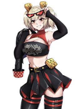 Rule 34 | 1girl, absurdres, black gloves, black jacket, black skirt, black thighhighs, blonde hair, breasts, burnice white, choker, cleavage, flamethrower, glasses, gloves, highres, holding, holding flamethrower, holding jacket, holding unworn clothes, holding weapon, jacket, large breasts, lion space, looking at viewer, red choker, red eyes, shirt, short hair, simple background, skirt, sleeveless turtleneck shirt, smile, solo, spiked jacket, sunglasses, thighhighs, turtleneck, turtleneck shirt, twintails, unworn jacket, weapon, white background, zenless zone zero