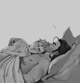 2boys arczism arm_around_shoulder closed_mouth commentary dispatch english_commentary flambae_(dispatch) from_side frown grey_background greyscale highres lying male_focus medium_hair monochrome multiple_boys nipples nude on_back on_side pectorals pillow robert_robertson short_hair sideburns sketch under_covers yaoi