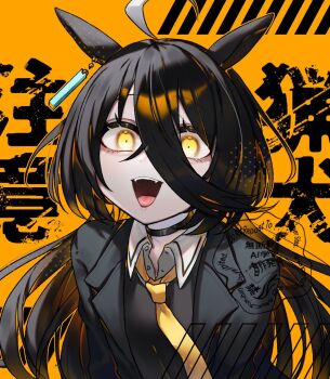 1girl ahoge animal_ears black_choker black_coat black_hair black_shirt choker coat collared_shirt ear_tag earrings hair_between_eyes horse_ears horse_girl jewelry long_bangs long_hair long_hair_between_eyes long_sleeves looking_at_viewer manhattan_cafe_(creeping_shadow)_(umamusume) manhattan_cafe_(umamusume) multicolored_hair necktie open_mouth semicolon_chan shirt single_earring smile solo teeth tongue umamusume upper_teeth_only white_hair yellow_eyes yellow_necktie