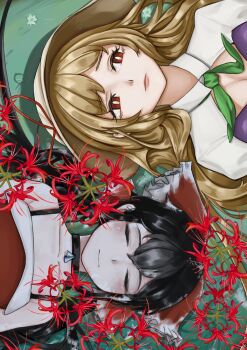 2girls absurdres agucala_(cookie) black_choker black_hair blonde_hair bow choker closed_eyes closed_mouth collared_shirt cookie_(touhou) dress eu_sem_voce_(meme) flower frown hair_bow hakurei_reimu highres long_hair looking_afar lying meme multiple_girls nari-14 on_back red_bow red_dress red_eyes red_flower shirt sidelocks sideways sleeveless sleeveless_dress smile spaghetti_strap spider_lily touhou twintails upper_body white_shirt yakumo_yukari yuyusu_(cookie)