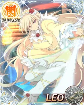 1girl attack blonde_hair breasts card_(medium) dress energy_sword fighting frown game_cg holding holding_sword holding_weapon large_breasts leaning_forward leo_(senran_kagura) long_hair non-web_source official_alternate_costume official_art pantyhose pink_eyes senran_kagura senran_kagura_new_wave solo sword very_long_hair weapon white_pantyhose yellow_dress yellow_headdress