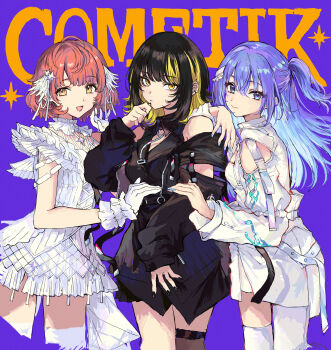 3girls absurdres asymmetrical_legwear barbell_piercing black_hair black_nails blonde_hair blue_eyes blue_hair blue_nails clothing_cutout cometik_(idolmaster) commentary_request cowboy_shot dress ear_piercing gloves group_name hair_ornament highres idolmaster idolmaster_shiny_colors ikaruga_luca ikuta_haruki industrial_piercing looking_at_viewer mismatched_legwear mou_(piooooon) multicolored_hair multiple_girls nail_polish piercing pink_hair purple_background shoulder_cutout spiked_ear_piercing streaked_hair suzuki_hana two-tone_hair white_dress white_gloves yellow_eyes