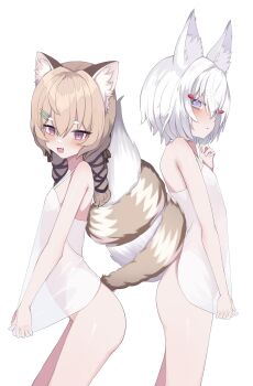2girls animal_ears ass blush breasts brown_hair flat_chest fox_ears fox_girl fox_tail hair_ornament highres komachi_panko looking_at_viewer multiple_girls newjeffy7210 phase_connect purple_eyes red_eyes red_panda_ears red_panda_girl red_panda_tail see-through_clothes see-through_shirt shirt small_breasts tail tail_wrap teasing tenma_maemi thighs twintails white_hair