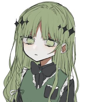 16personalities 1girl black_bow black_bowtie black_shirt bow bowtie braid collared_shirt empty_eyes expressionless frills green_eyes green_hair green_sweater_vest light_blush long_hair mediator_(16personalities) parted_bangs parted_lips shirt solo sparkle sparkle_hair_ornament sua_(3xq_filx) sweater_vest upper_body