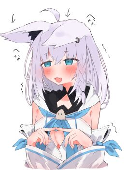 1girl absurdres ahoge animal_ears aqua_eyes blush breasts cleavage commentary_request detached_sleeves fang fox_ears fox_girl highres hololive hood hoodie index_fingers_together long_hair looking_at_viewer medium_breasts open_mouth shirakami_fubuki shirakami_fubuki_(1st_costume) skin_fang solo tepenchi virtual_youtuber white_hair white_hoodie white_sleeves