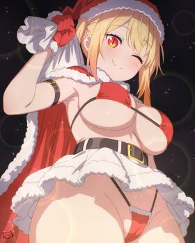 1girl artist_logo belt breasts cape christmas commentary fur-trimmed_cape fur-trimmed_skirt fur_trim gloves highleg highleg_panties highres keihh kobayashi-san_chi_no_maidragon large_breasts logo looking_at_viewer one_eye_closed orange_hair paid_reward_available panties red_cape red_eyes red_gloves red_panties skirt slit_pupils smile solo thighs tohru_(maidragon) underwear upskirt white_skirt