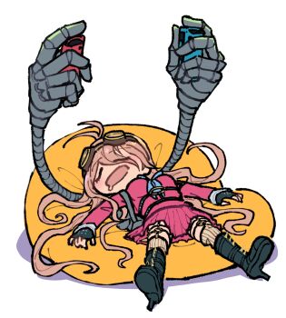 1girl :d antenna_hair black_boots black_gloves boots controller danganronpa_(series) danganronpa_v3:_killing_harmony drooling fingerless_gloves game_controller gloves goggles goggles_on_head high_heel_boots high_heels highres holding holding_controller holding_game_controller iruma_miu long_sleeves lying mechanical_arms on_back open_mouth pink_shirt pink_skirt shirt simple_background skirt sleeping smile solo white_background youko-shima