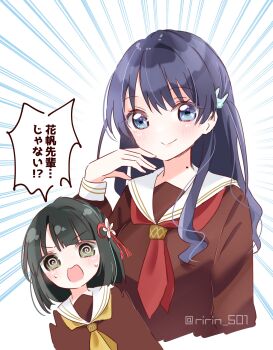 2girls @_@ absurdres blush borrowed_hairstyle brown_dress closed_mouth commentary_request dress emphasis_lines green_eyes hasu_no_sora_school_uniform highres hinoshita_kaho link!_like!_love_live! long_sleeves looking_at_viewer love_live! momose_ginko multiple_girls murano_sayaka neckerchief nervous_sweating open_mouth red_neckerchief ririn_(ririn_501) sailor_collar sailor_dress school_uniform smile split_mouth sweat twitter_username two_side_up v-shaped_eyebrows virtual_youtuber white_sailor_collar winter_uniform yellow_neckerchief