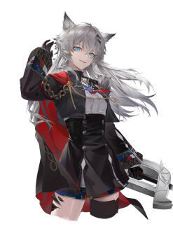 1girl animal_ears arknights black_gloves black_jacket black_skirt blue_eyes cape commentary cowboy_shot cropped_jacket cropped_legs gloves gradient_necktie grey_eyes grey_hair hair_between_eyes hair_ornament hairclip hand_up highres holding holding_weapon jacket lappland_(arknights) lappland_the_decadenza_(arknights) long_hair long_sleeves looking_at_viewer material_growth necktie open_clothes open_jacket red_cape scar scar_across_eye scar_on_face shirt simple_background skirt smile solo standing symbol-only_commentary two-tone_necktie wa_ga_wa_ga! weapon white_background white_shirt wolf_ears wolf_girl