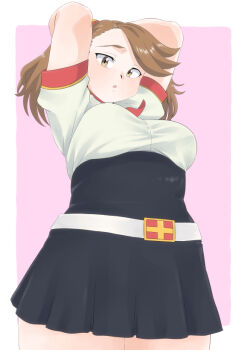 1girl arms_up breasts brown_eyes brown_hair commentary_request cowboy_shot dress gundam gundam_build_fighters gundam_build_fighters_try medium_breasts mizukane plump sazaki_kaoruko short_dress solo thick_thighs thighs twintails