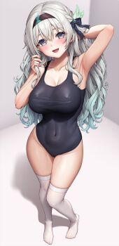 1girl :d absurdres alternate_costume arm_up armpits black_hairband black_one-piece_swimsuit black_ribbon blush breasts collarbone commentary_request covered_navel firefly_(honkai:_star_rail) from_above full_body grey_hair hair_between_eyes hair_ribbon hairband hand_up highres honkai:_star_rail honkai_(series) lambda_(kusowarota) large_breasts long_hair looking_at_viewer multicolored_eyes one-piece_swimsuit open_mouth purple_eyes ribbon smile solo standing swimsuit thighhighs thighs tongue white_thighhighs