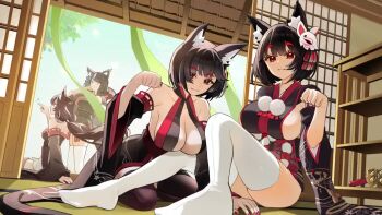 4girls animal_ears animated azur_lane black_hair bouncing_breasts breasts doppelganger feet fusou_(azur_lane) indoors japanese_clothes kimono large_breasts multiple_girls nails red_eyes short_hair smile tagme thighhighs video yamaha_tsui yamashiro_(azur_lane) yamashiro_(meta)_(azur_lane)