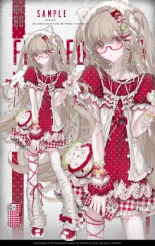 1girl absurdres animal_ears animal_hat apple arm_ribbon bag bead_bracelet beads blonde_hair bow bracelet brown_eyes buttons camisole cat_hat choker clover_hair_ornament commission fake_animal_ears fashion food food-themed_bag frilled_camisole frills fruit full_body fur_hat gingham_clothes gingham_skirt glasses hair_bow hair_ornament hairclip hat heart heart-shaped_hair heart_hair_ornament heisei_retro highres holding holding_phone jewelry lace lace-trimmed_shirt lace-trimmed_skirt lace_choker lace_trim leg_warmers long_hair mihuashi_commission nnk_(nongnong) original phone polka_dot polka_dot_shirt red-framed_eyewear red_shirt red_shoes red_skirt ribbon scrunchie shirt shoes short_sleeves shoulder_bag skirt sneakers solo_focus standing star_(symbol) star_hair_ornament thighhighs too_many_hair_ornaments two_side_up v very_long_hair virtual_pet_(toy) white_camisole white_choker white_hat white_leg_warmers white_thighhighs wings wrist_scrunchie yabi_fashion zoom_layer