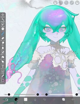 1girl art_program_in_frame brain colored_extremities gradient_clothes gradient_shirt green_shirt hair_between_eyes highres looking_at_viewer original oxo_404 purple_eyes purple_shirt shirt slime_hair smile solo symbol-shaped_pupils torn_clothes white_shirt