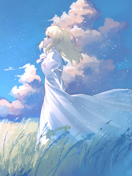 1girl ahoge arm_behind_back artoria_pendragon_(fate) blonde_hair blue_sky bow closed_mouth cloud commentary cumulonimbus_cloud day dress dress_bow fate/stay_night fate_(series) field from_side full_body grass green_eyes hair_down highres juliet_sleeves last_episode_(fate) light_particles light_smile long_hair long_sleeves looking_ahead official_alternate_costume official_alternate_hairstyle outdoors papukin profile puffy_sleeves saber_(fate) sky sleeve_bow solo standing white_bow white_dress wind