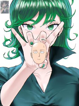 1boy 1girl absurdres bald devovas disembodied_head green_eyes green_hair green_nails highres holding medium_hair one-punch_man photo-referenced photo_inset portrait saitama_(one-punch_man) sweatdrop tatsumaki