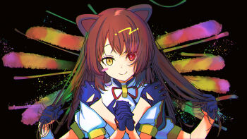 1girl animal_ears black_background blue_gloves blush_stickers bright_pupils brown_hair closed_mouth colorful_background commentary_request dog_ears extra_arms eyelashes glove_bow gloves half_gloves hands_on_own_shoulders heterochromia highres holding holding_own_hair interlocked_fingers inui_toko jacket long_hair mihyaeeru mismatched_pupils neck_ribbon nijisanji own_hands_together puffy_short_sleeves puffy_sleeves red_eyes red_ribbon ribbon sanbaka_anniversary_outfit short_sleeves slit_pupils smile solo split_mouth upper_body virtual_youtuber white_jacket white_pupils yellow_eyes