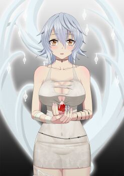 1girl bandaged_arm bandages bare_shoulders blood_bead breasts cleavage code_vein dress hair_between_eyes highres io_(code_vein) large_breasts lemon_kele looking_at_viewer short_hair solo torn_clothes torn_dress white_hair yellow_eyes