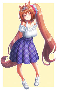 1girl animal_ears bare_shoulders blue_skirt blush breasts brown_hair casual closed_mouth collarbone commentary_request creape daiwa_scarlet_(casual)_(umamusume) daiwa_scarlet_(umamusume) dot_mouth frilled_shirt frills full_body hair_between_eyes hair_intakes highres horse_ears horse_girl horse_tail large_breasts long_hair looking_at_viewer off-shoulder_shirt off_shoulder plaid_clothes plaid_skirt red_eyes shirt shoes skirt solo tail tiara twintails umamusume very_long_hair white_shirt