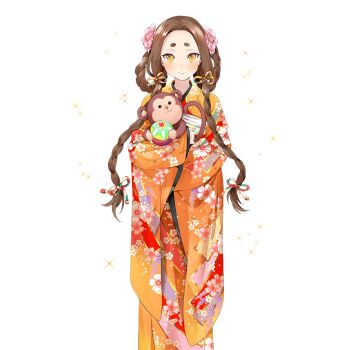 1girl animal braid breasts brown_eyes brown_hair flower hair_flower hair_ornament holding holding_animal ice_(ice_aptx) japanese_clothes kimono kushinada_(uchihime) long_hair monkey multicolored_eyes orange_kimono side_braids twin_braids uchi_no_hime-sama_ga_ichiban_kawaii very_long_hair wide_sleeves yellow_eyes