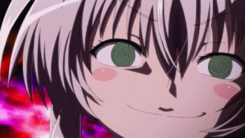 ahoge animated animated_gif blush_stickers breasts corset crazy crazy_eyes dress green_eyes hair_ribbon haiyore!_nyaruko-san lowres necktie nyarlathotep_(nyaruko-san) ponytail puffy_sleeves ribbon silver_hair thighhighs yandere zettai_ryouiki