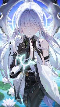 1girl absurdres black_kimono black_pantyhose breasts closed_eyes closed_mouth colored_eyelashes colored_inner_hair commentary_request earrings facing_viewer fingernails flower goddess_of_victory:_nikke hair_intakes highres huge_breasts japanese_clothes jewelry kimono lily_(flower) long_hair mechanical_arms mole mole_on_breast multicolored_hair myabit nayuta_(nikke) palms_together pantyhose single_bare_shoulder single_mechanical_arm solo two-tone_kimono very_long_hair white_eyelashes white_hair white_kimono