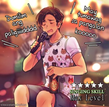 1girl 3boys artist_name axis_powers_hetalia beer_bottle bench black_shorts blurry blurry_background brown_hair cioccolatodorima commentary english_commentary filipino_text multiple_boys open_mouth philippines_(hetalia) pink_shirt shirt shorts sitting solo_focus t-shirt translation_request wavy_mouth