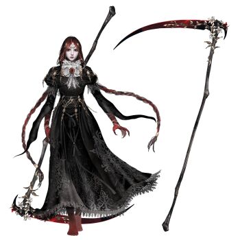 1girl ascot barefoot black_dress commentary dress english_commentary frilled_shirt_collar frills gem hair_ornament hanny_(uirusu_chan) highres holding holding_scythe jewelry long_hair long_sleeves looking_at_viewer original pale_skin red_eyes red_hair scythe simple_background skirt solo twintails vampire weapon white_ascot