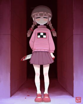 1girl 4th_lol blood blood_trail bloody_knife blush braid braided_twintails brown_hair closed_eyes full_body highres holding holding_behind_back holding_knife holding_knife_behind_back holding_weapon_behind_back knife long_hair long_sleeves madotsuki miniskirt pink_sweater red_shoes shoes skirt socks solo standing sweater turtleneck twin_braids twintails white_socks yume_nikki