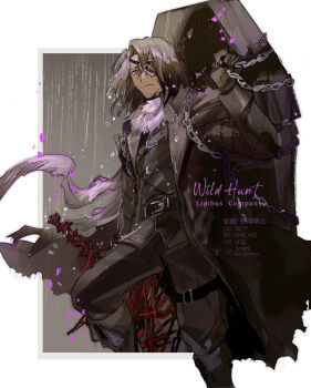 1boy artist_name ascot beard_stubble belt belt_buckle black_belt black_pants boots brown_coat brown_hair buckle chain closed_mouth coat coffin commentary_request copyright_name eyepatch facial_hair gloves heathcliff_(project_moon) holding holding_chain holding_sword holding_weapon ko_bammm limbus_company long_sleeves looking_at_viewer male_focus multiple_belts pants picture_frame project_moon rain scar scar_on_face solo stubble sword thigh_belt thigh_strap through_medium through_painting torn_clothes watermark weapon white_ascot white_background wuthering_heights_(identity)_(project_moon)