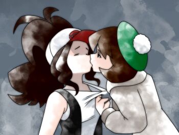 2girls antenna_hair baseball_cap beret black_vest brown_hair closed_eyes clothes_grab clothes_pull commentary curly_hair english_commentary from_behind gloria_(pokemon) grabbing_another's_shirt greatmothsucks green_hat grey_background grey_jacket hat high_ponytail highres hilda_(pokemon) jacket kiss long_hair long_sleeves multiple_girls nintendo poke_ball_print pokemon pom_pom_(clothes) ponytail shirt_pull sugimori_ken_(style) tank_top upper_body vest white_hat white_tank_top yuri