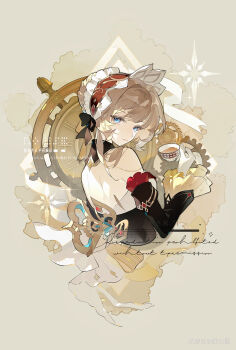 1girl absurdres artist_name bare_shoulders black_hair black_tea blue_eyes brown_hair chinese_commentary closed_eyes commentary_request dress eye_mask flower gears genshin_impact highres long_hair mask pink_hair sandrone_(genshin_impact) solo tea upper_body white_dress yecangshu