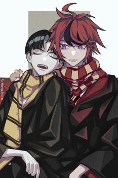 2boys ahoge black_hair black_robe blue_eyes chinese_commentary closed_eyes colored_eyelashes commentary_request cosplay curtained_hair gryffindor harry_potter_(series) highres hufflepuff long_sleeves male_focus maruko_gaku mouse_(animal) multicolored_hair multiple_boys open_mouth parted_bangs red_hair red_scarf robe scarf shirt short_hair sleeping sleeping_on_person streaked_hair striped_clothes striped_scarf sumino_takumi sweat the_hundred_line_-last_defense_academy- tsurime twitter_username two-tone_hair two-tone_scarf u_u white_shirt wizarding_world wsg_koyo yellow_scarf