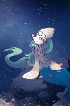 1girl :3 bad_tag blue_eyes blue_hair closed_mouth colored_eyelashes full_body furry furry_female gem gen_7_pokemon hair_ornament highres long_hair looking_at_viewer mermaid monster_girl multi-tied_hair night night_sky nintendo outdoors pearl_(gemstone) pearl_hair_ornament pokemon pokemon_(creature) primarina sea_lion sitting sky smile snout solo sstoh starfish_hair_ornament