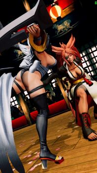 2girls 3d ass baiken breasts butterfly_swords curvy eyepatch fighting fighting_stance highleg highleg_leotard highres huge_ass iroha_(samurai_spirits) large_breasts leotard long_hair looking_to_the_side maid multiple_girls ryona samurai_spirits screencap shiny_skin sideboob skindentation standing standing_on_one_leg thighhighs third-party_edit thong_leotard very_long_hair wide_hips