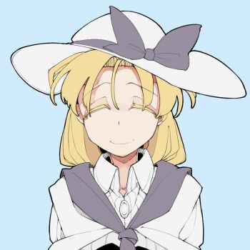 Rule 34 | 1girl, blonde hair, blue background, bolos, closed eyes, hat, hat ribbon, louise (touhou), neckerchief, purple neckerchief, purple ribbon, ribbon, shirt, simple background, smile, solo, touhou, upper body, white shirt