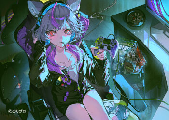 1girl animal_ear_fluff animal_ears black_jacket controller game_controller green_slippers grey_hair hand_on_headphones headphones holding holding_controller holding_game_controller jacket long_hair looking_at_viewer loose_socks medium_hair mikami_renge mura_karuki noripro official_art red_eyes shirt sidelocks slippers socks very_long_hair virtual_youtuber white_shirt white_socks wolf_ears wolf_girl yellow_nails
