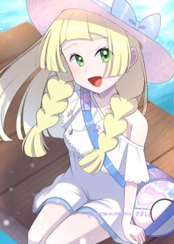 1girl alternate_costume artist_name bag blonde_hair braid breasts commentary_request dock dress green_eyes hat highres lillie_(pokemon) long_sleeves looking_at_viewer nemunemu_0826 nintendo open_mouth pokemon pokemon_sun_and_moon shoulder_bag single_bare_shoulder sitting small_breasts solo sun_hat twin_braids upper_body water white_dress white_hat