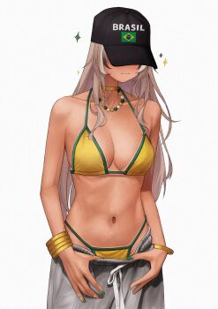 1girl alternate_costume baseball_cap bead_necklace beads bikini bikini_bottom_under_shorts bikini_under_clothes bracelet brazilian_flag brazilian_flag_print brazilian_miku brazilian_miku_(cosplay) breasts brown_hair clothes_pull commentary cosplay covered_eyes denim denim_shorts english_commentary flag_print gold_bikini green_nails grey_pants hat hatsune_miku hatsune_miku_(cosplay) highres hololive hololive_english jewelry large_breasts long_hair nail_polish nanashi_mumei navel necklace pants pants_pull shorts simple_background solo stomach swimsuit tan tanline unmeidesu virtual_youtuber vocaloid white_background yellow_nails
