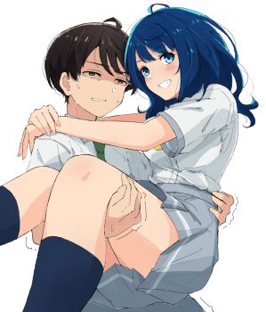 1boy 1girl ahoge black_hair blue_hair blue_skirt blue_socks bow bowtie brown_eyes carrying carrying_person clenched_teeth collared_shirt commentary_request green_necktie grin heavy hetero looking_at_viewer make_heroine_ga_oo_sugiru! md5_mismatch medium_hair necktie nukumizu_kazuhiko pdbgat princess_carry resolution_mismatch school_uniform shirt short_hair short_sleeves simple_background skirt smile socks source_smaller struggling summer_uniform sweat teeth thighs trembling tsuwabuki_high_school_uniform white_background white_shirt yanami_anna yellow_bow yellow_bowtie