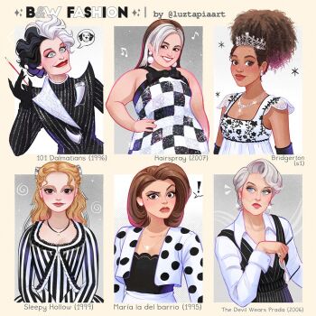! 101_dalmatians 6+girls black_bow black_dress black_gloves black_hair black_suit black_theme black_vest blonde_hair blue_eyes blush bow breasts bridgerton brown_eyes brown_hair checkered_clothes cleavage collared_shirt copyright_name cropped_jacket cruella_de_vil curly_hair dark-skinned_female dark_skin dress dress_bow earrings elbow_gloves english_text fashion formal_clothes freckles gloves grin hair_bow hairspray hand_on_own_hip holding jacket jewelry katrina_van_tassel long_hair long_sleeves looking_at_viewer luztapiaart maria_hernandez_rojas maria_la_del_barrio marina_thompson mature_female medium_breasts miranda_priestly mole mole_under_eye multicolored_hair multiple_girls necklace open_clothes open_jacket plump polka_dot polka_dot_jacket protected_link red_lips shirt short_hair simple_background sleepy_hollow sleeveless sleeveless_dress smile split-color_hair spoken_exclamation_mark striped_clothes striped_dress suit the_devil_wears_prada tiara tracy_turnblad two-tone_hair updo upper_body vertical-striped_clothes vest wavy_hair white_bow white_dress white_hair white_jacket white_shirt white_theme yellow_background