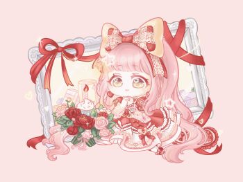 1girl absurdly_long_hair absurdres animated animated_gif birthday blinking blunt_bangs bouquet bow brown_eyes candle character_request chibi chinese_commentary closed_mouth commentary_request dress earrings eyelashes fire flower footwear_bow frilled_dress frilled_sleeves frilled_wrist_cuffs frills gift gown hair_bow happy heart heart_earrings heart_print highres interlocked_fingers jewelry kneeling lace-trimmed_bow lace_trim large_bow layered_sleeves light_blush long_dress long_hair long_sleeves looking_at_flowers looping_animation nikki_(nikki) nikki_(series) nikki_up2u2:_world_traveller own_hands_clasped own_hands_together pantyhose picture_frame pink_background pink_bow pink_flower pink_hair pink_rose print_dress red_bow red_dress red_flower red_rose red_shoes rose see-through_clothes see-through_sleeves shoes short_over_long_sleeves short_sleeves sidelocks simple_background single_wrist_cuff smile solo sparkle star_(symbol) star_in_eye symbol_in_eye tareme very_long_hair wavy_hair white_pantyhose white_wrist_cuffs wrist_cuffs xiaoyu_qixing yellow_bow