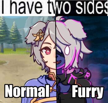 1girl alternate_form androgynous animal_ears aura clover commentary corruption crossdressing crossdressing_(ftm) dark_aura dark_persona dog_ears dog_girl dual_persona english_commentary fire_emblem fire_emblem_shadows grey_hair i_have_two_sides_(meme) kurt_(fire_emblem) meme niiemsa nintendo red_eyes reverse_trap short_hair solo wolf wolf_ears